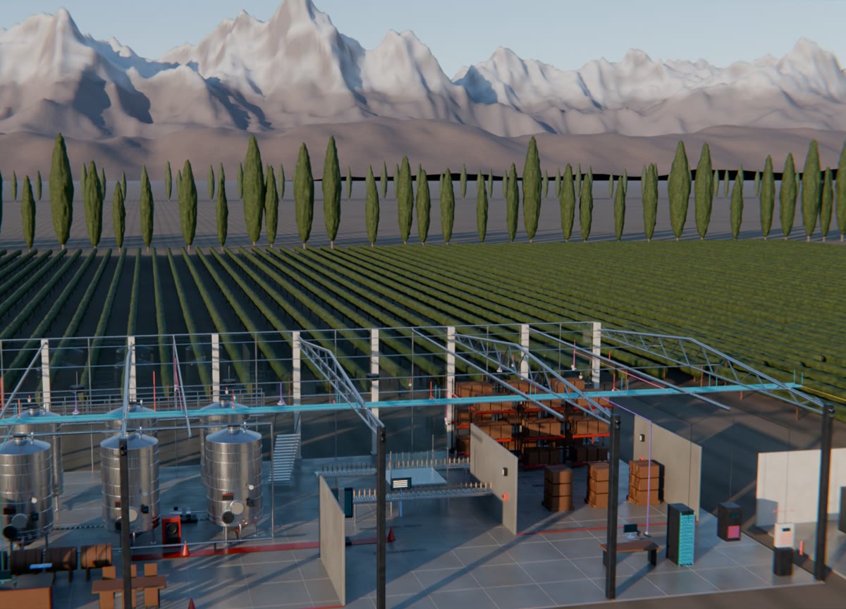 Bodega conectada en un viñedo de Mendoza, con álamos y la cordillera de los Andes al fondo