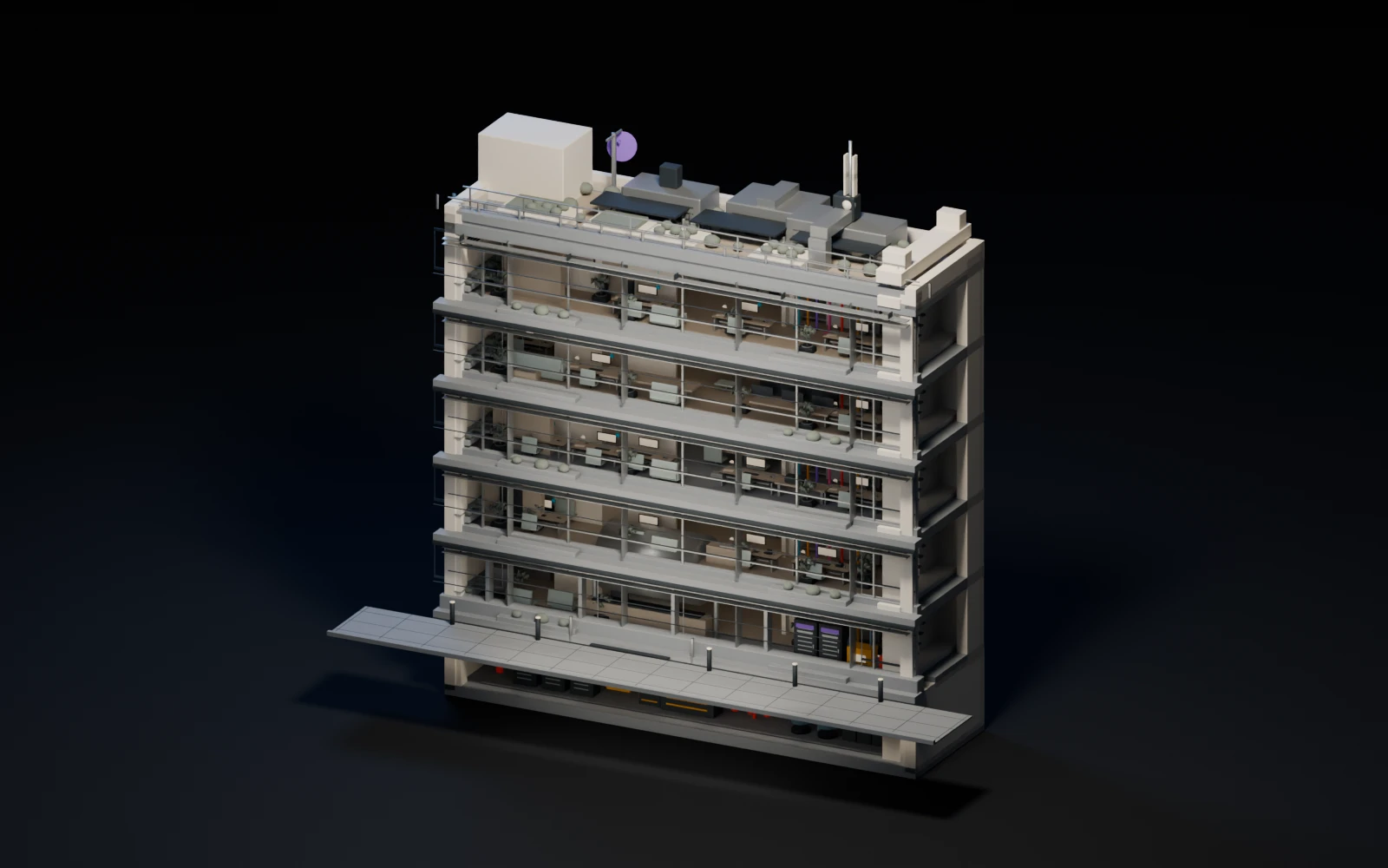 Render de un edificio corporativo con el esqueleto de sistemas de datos, CCTV, WiFi y energía señalado por piso