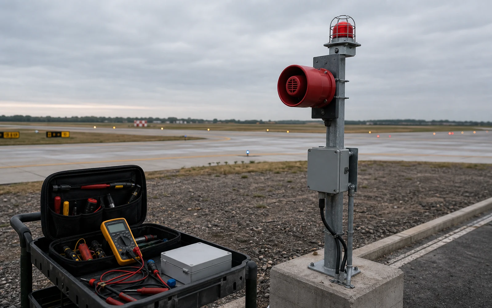 Montaje Sirenas y avisos de emergencia en campo de vuelo para Aeropuertos Argentina 2000