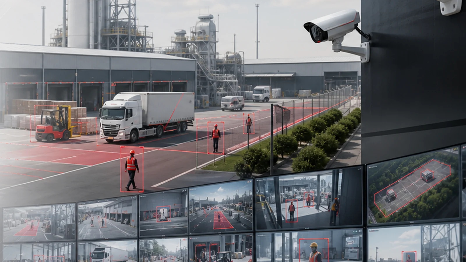 Dashboard CCTV AI integrado sobre entorno industrial