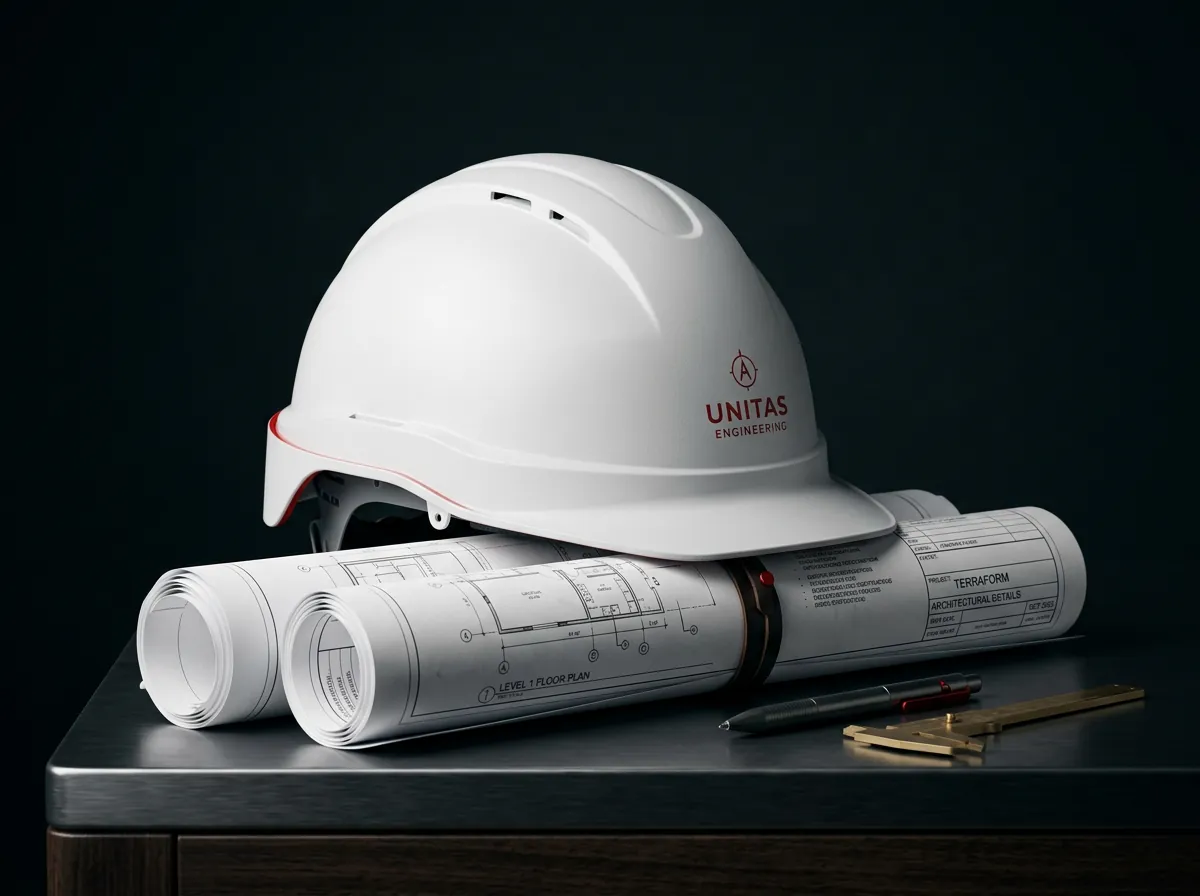 Casco de ingeniería sobre planos técnicos enrollados
