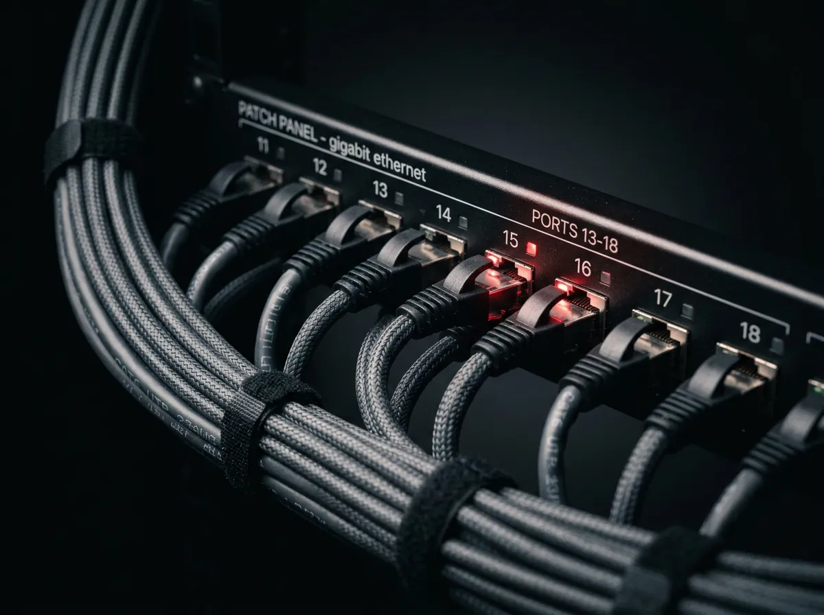 Cableado estructurado conectado a un patch panel gigabit ethernet