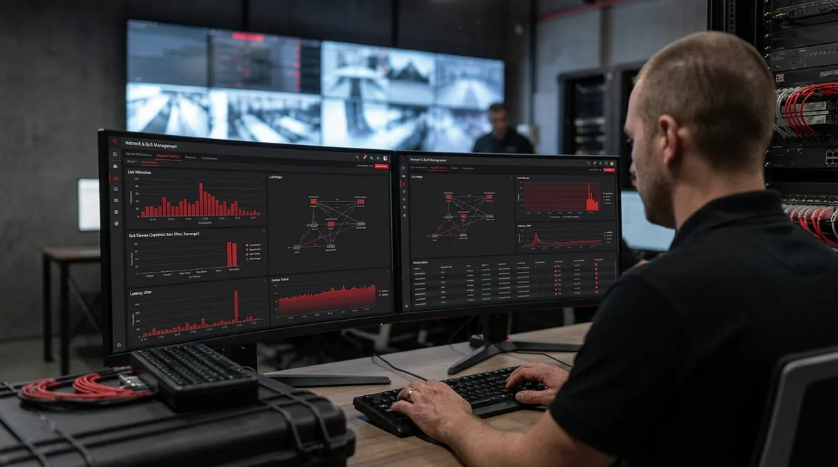 Técnico gestionando tráfico y QoS de red en estación de operaciones