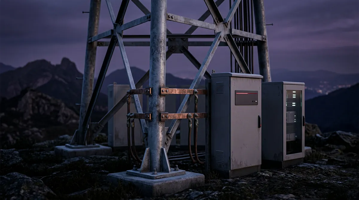 Base de torre de telecomunicaciones con gabinetes de energía en sitio remoto