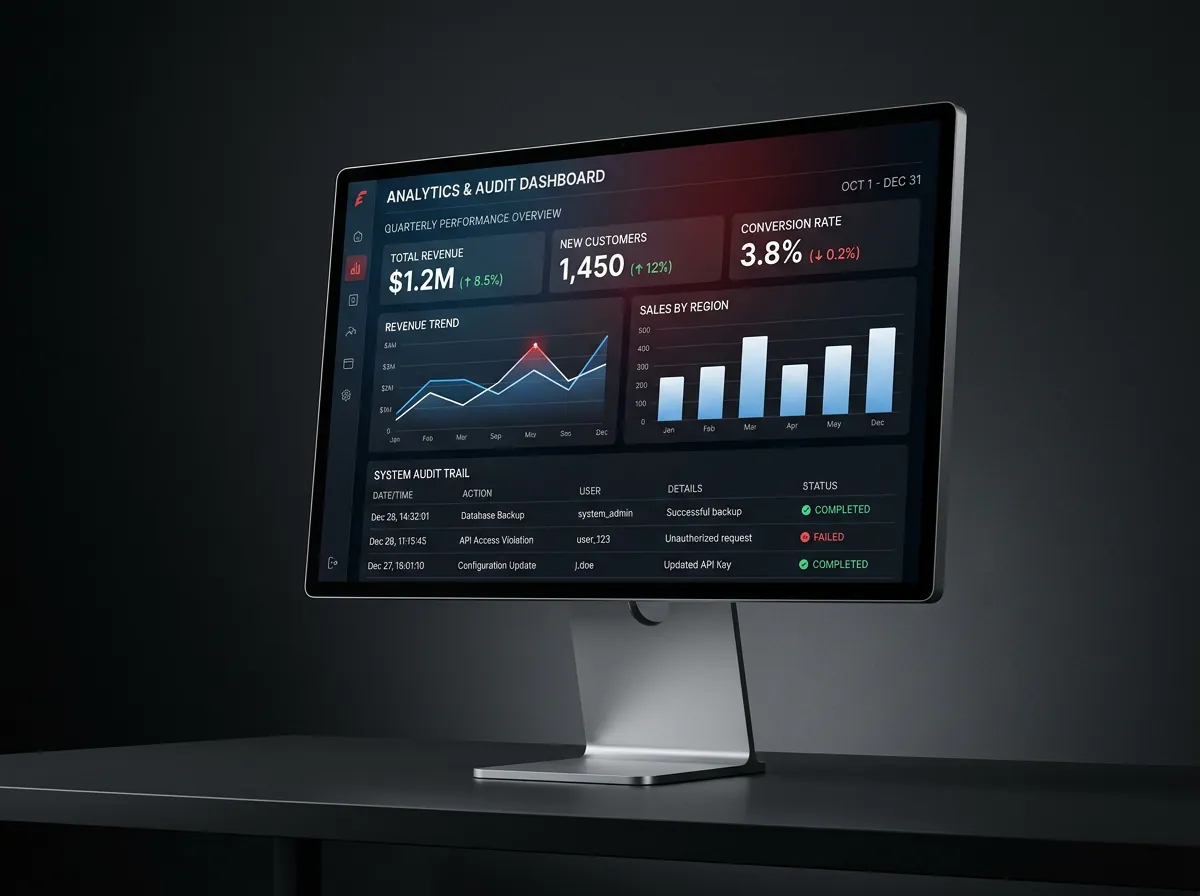 Monitor mostrando un tablero de analítica y auditoría