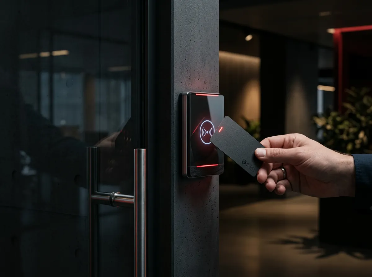 Lector de control de accesos con credencial RFID en puerta