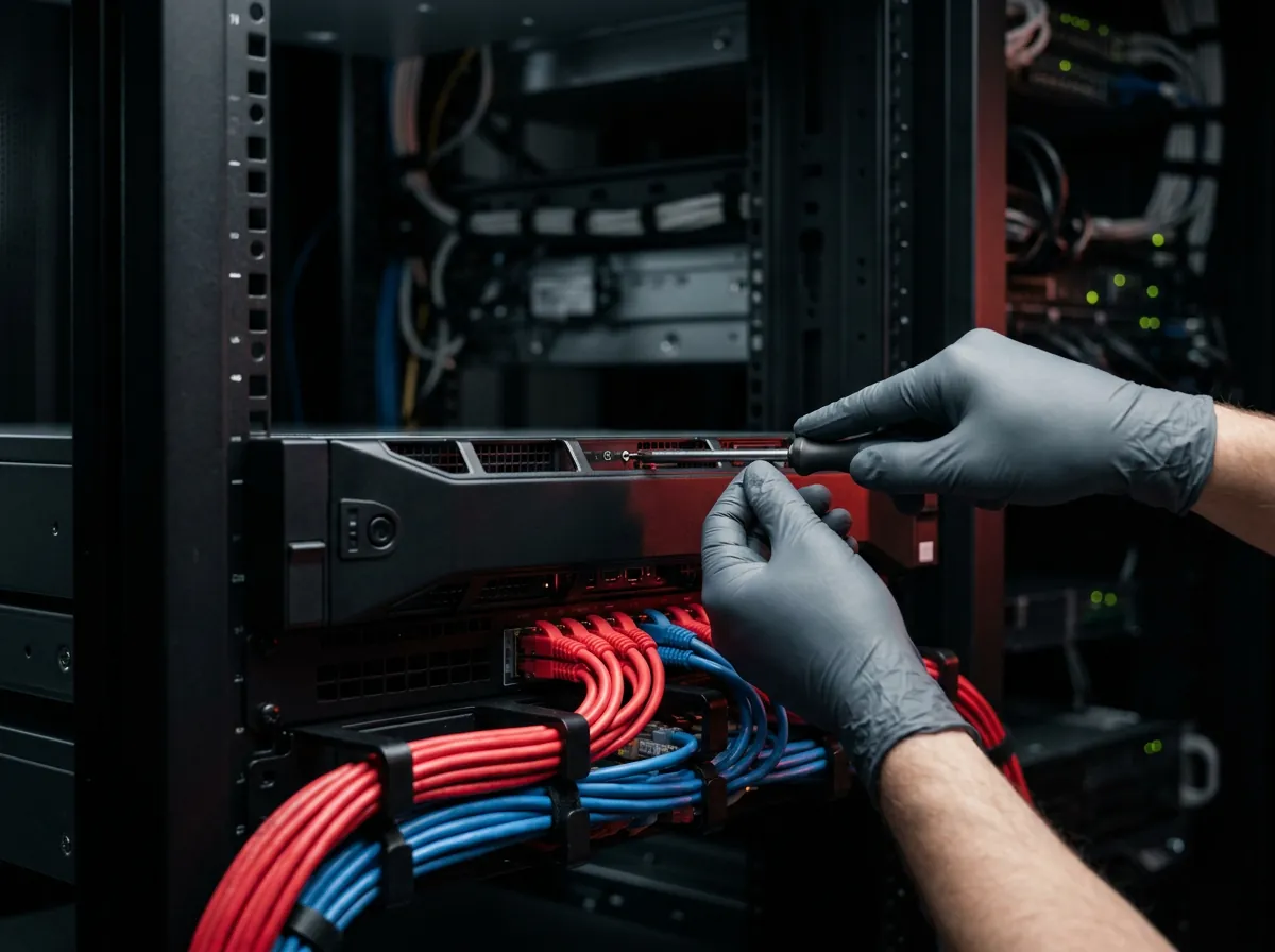 Manos de técnico realizando mantenimiento en rack de servidores