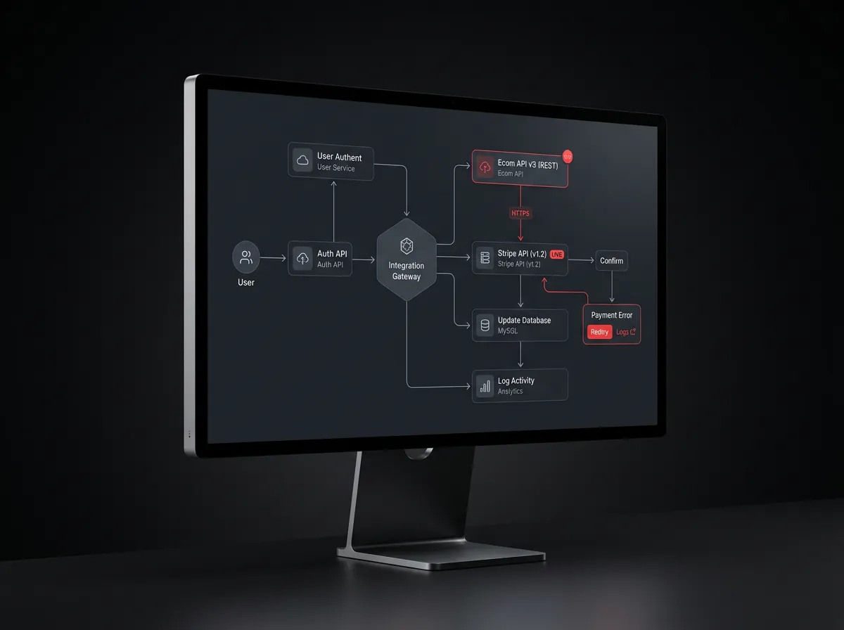 Monitor mostrando un diagrama de integración entre sistemas y APIs