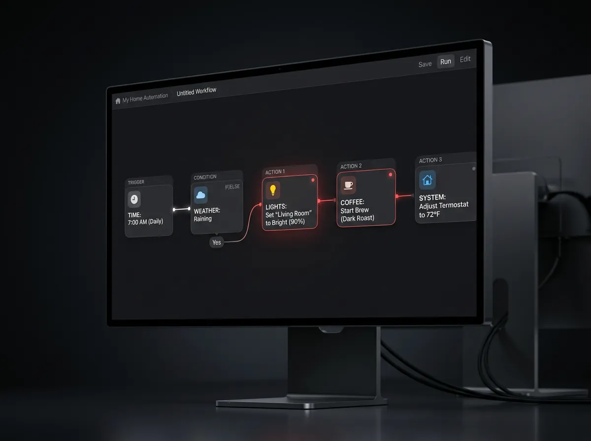 Monitor mostrando un constructor de flujos de automatización