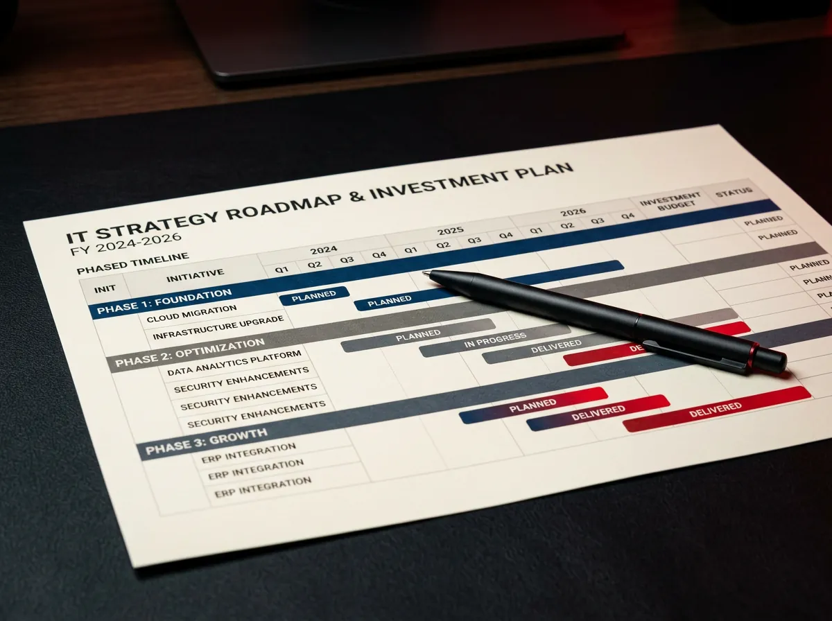 Plan de roadmap e inversión IT impreso con fases y línea de tiempo