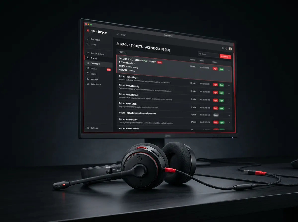 Headset de mesa de ayuda junto a monitor con tablero de tickets