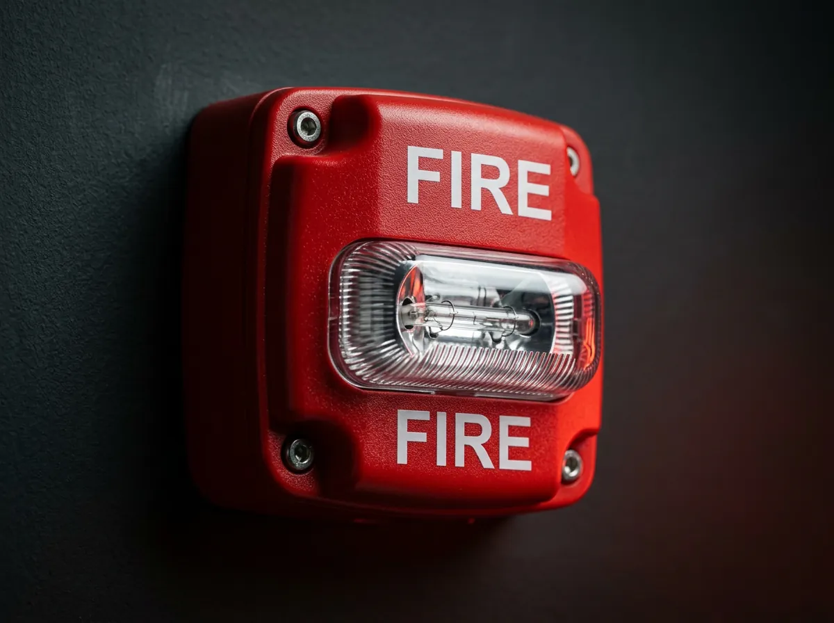 Avisador de incendio rojo con luz estroboscópica en pared