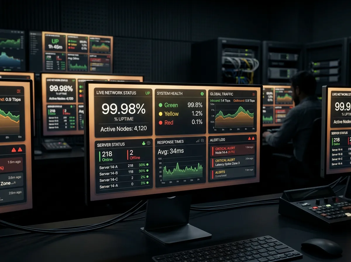 Pantallas de monitoreo continuo con estado de red y uptime
