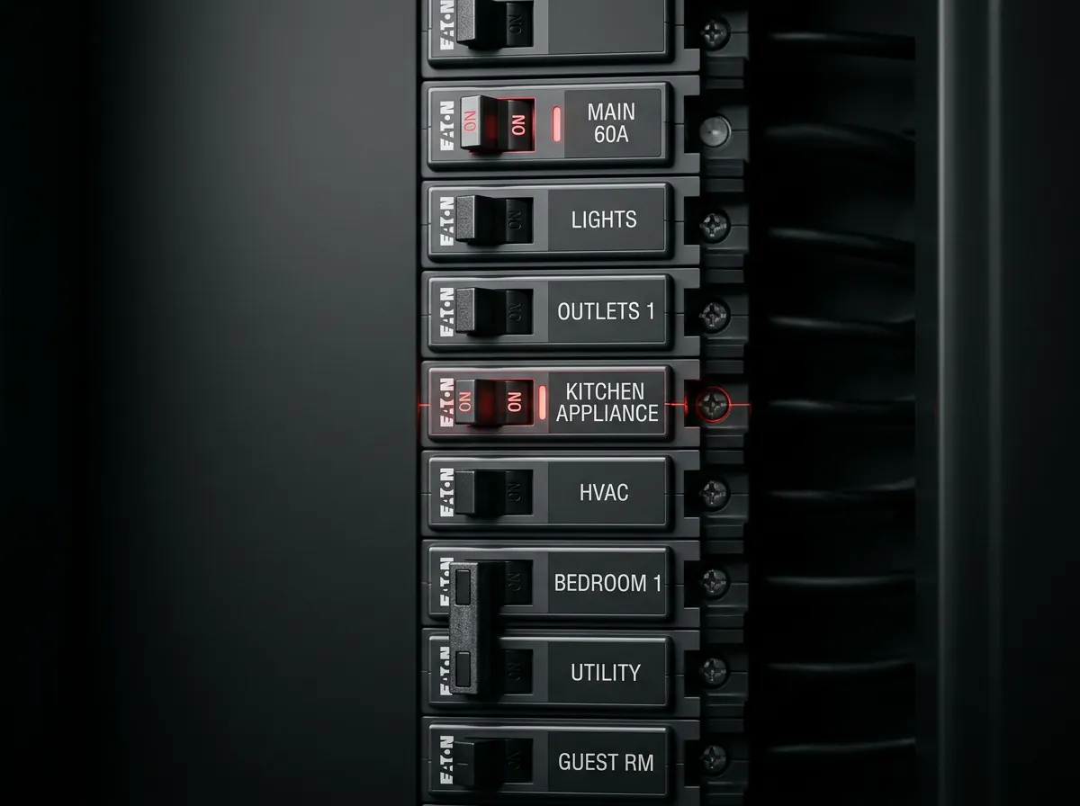 Tablero eléctrico con interruptores y circuitos etiquetados