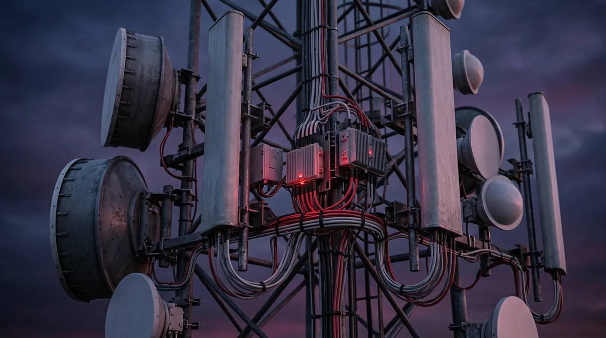 Antenas de radioenlace de microondas montadas en torre de telecomunicaciones al atardecer