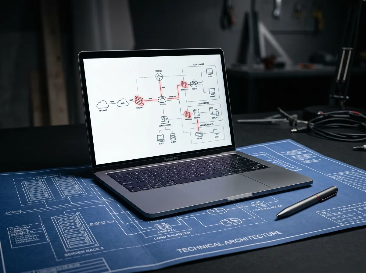 Laptop con diagrama de arquitectura de red sobre planos técnicos