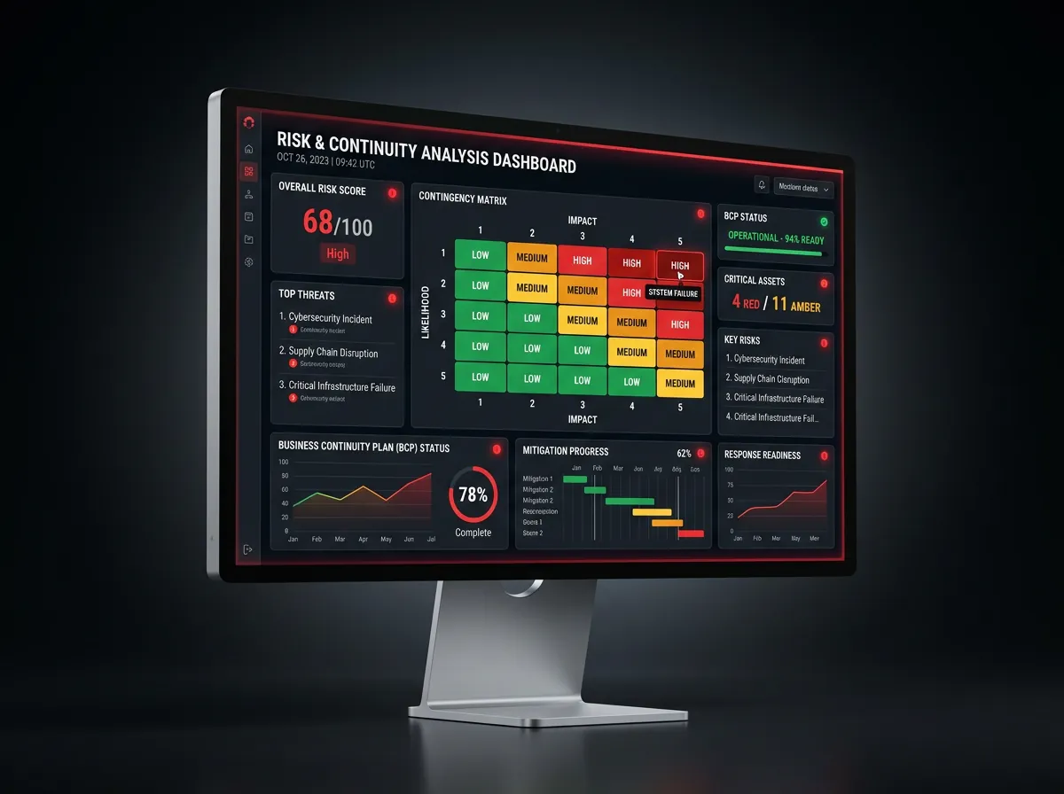 Monitor con tablero de análisis de riesgo y matriz de contingencia