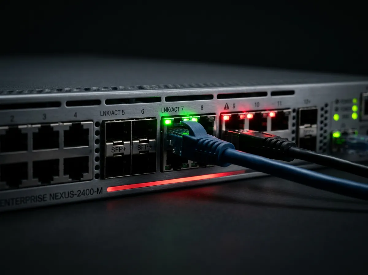 Switch de red empresarial con puertos y LEDs de estado