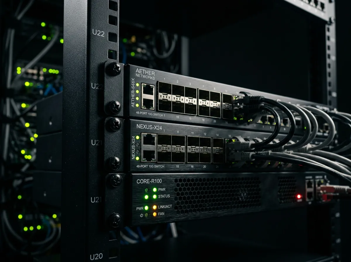 Switches y router empresariales montados en rack con LEDs