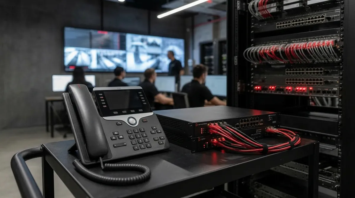 Teléfono IP y gateway de telefonía SIP en sala de equipos