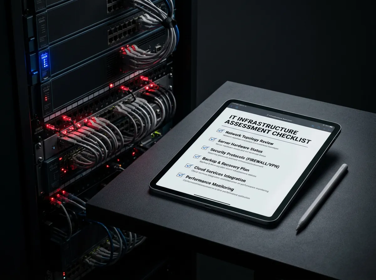 Tablet con checklist de diagnóstico de infraestructura junto a rack de red
