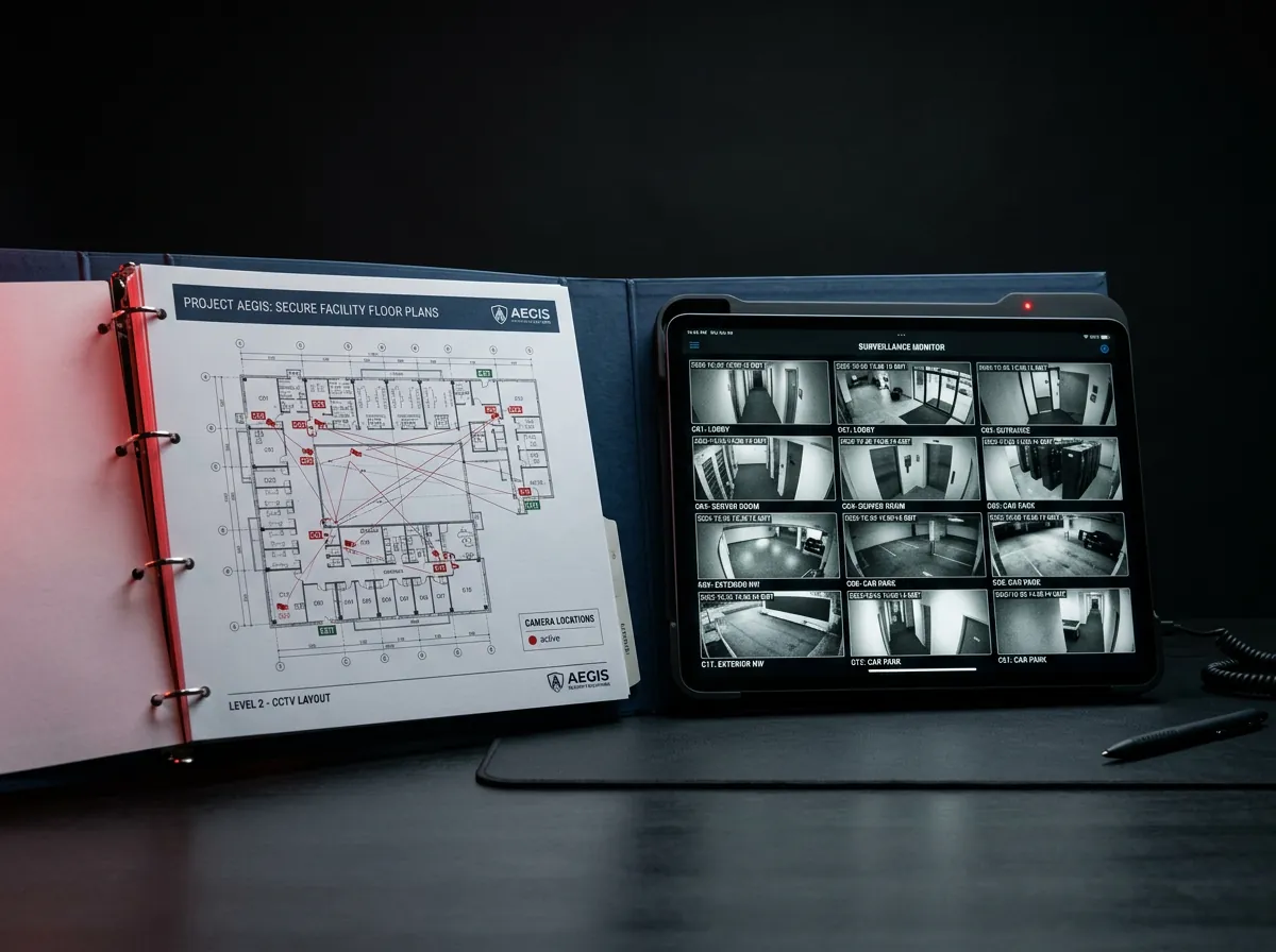 Dossier de seguridad con planos CCTV y tablet mostrando cámaras