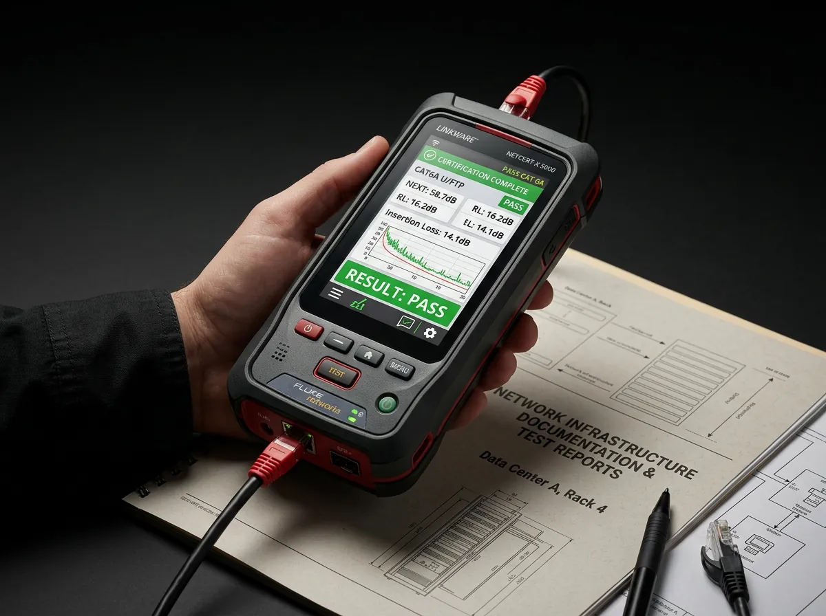 Certificador de cableado mostrando resultado PASS sobre dossier técnico